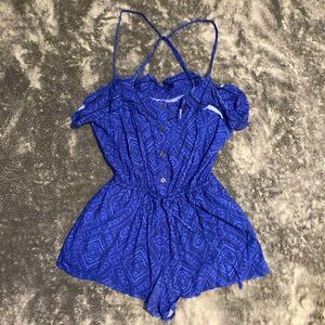 Forever 21 Romper, spaghetti straps and shorts, Blue pattern, size xs